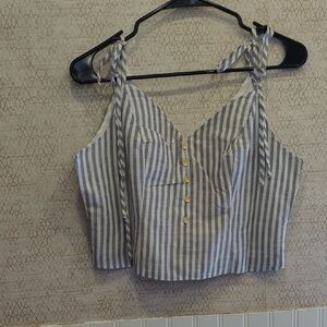 Hayden NEW Crop Top Tie Shoulder Striped Tank Cotton, Large, grey and white